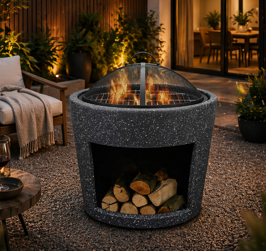 Round Fire Pit with Wood Storage – Magnesium Oxide Finish (52-52-54cm)