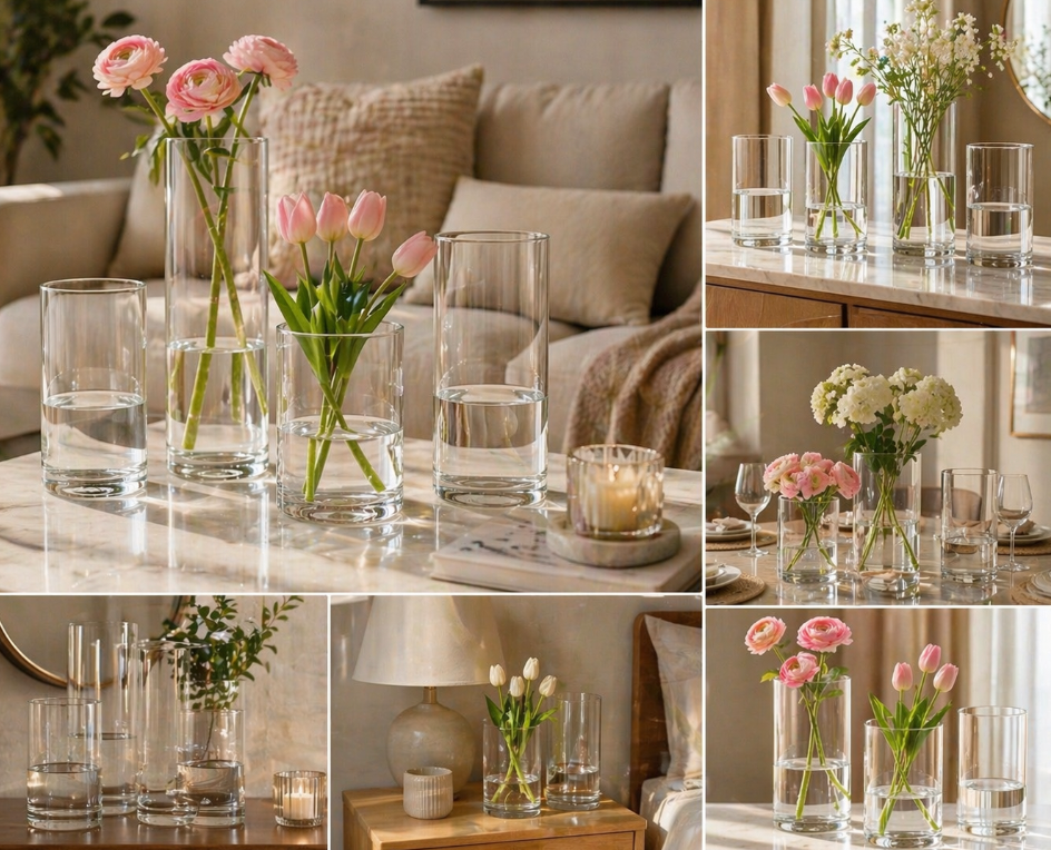 Clear Glass Cylinder Vase Set of 4– Modern Minimalist Decor