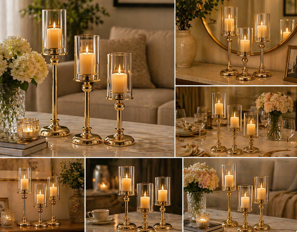 Luxe Gold Candle Holder Trio – Glass Cylinder Set
