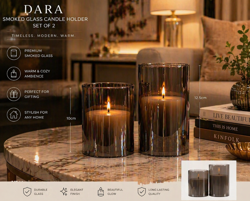 Smoked Glass Candle Holder Set – 7.5-10cm & 7.5-12.5cm