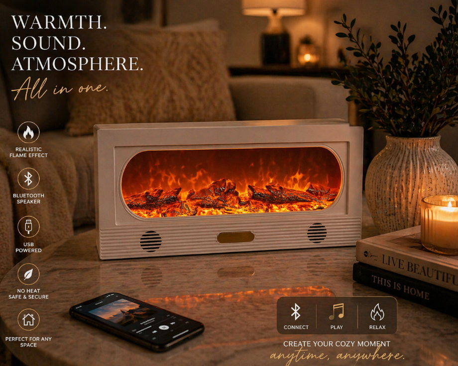 Luxe Flame Bluetooth Fireplace – USB Ambient Speaker