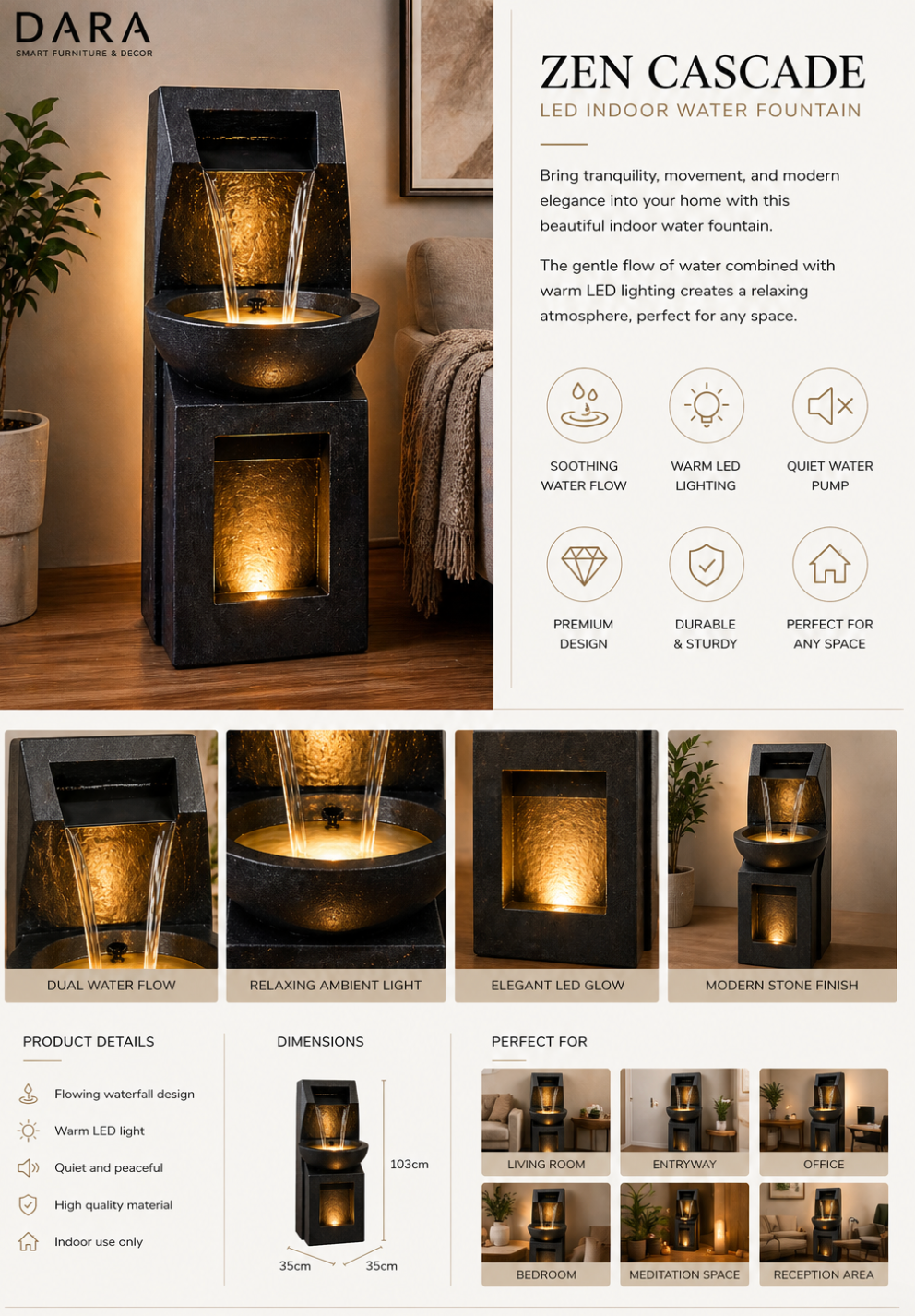 AuraFlow LED Indoor Water Fountain – 35/35/103cm. Minimalist flowing water décor with warm ambient lighting.