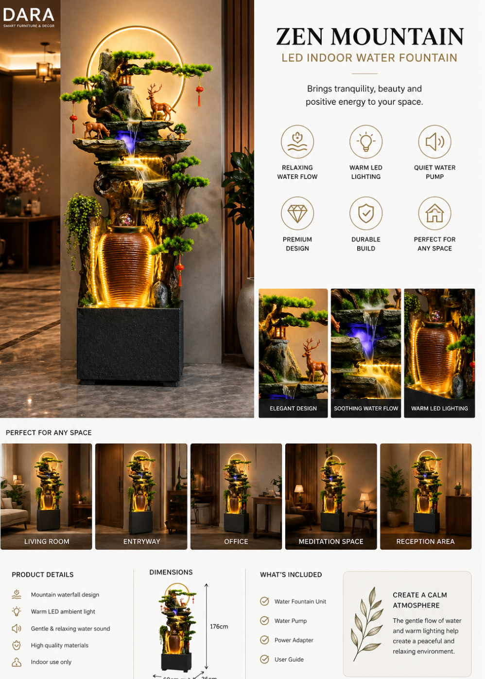 Zen Mountain LED Indoor Water Fountain – Floor Standing Feature 60/36/176cm