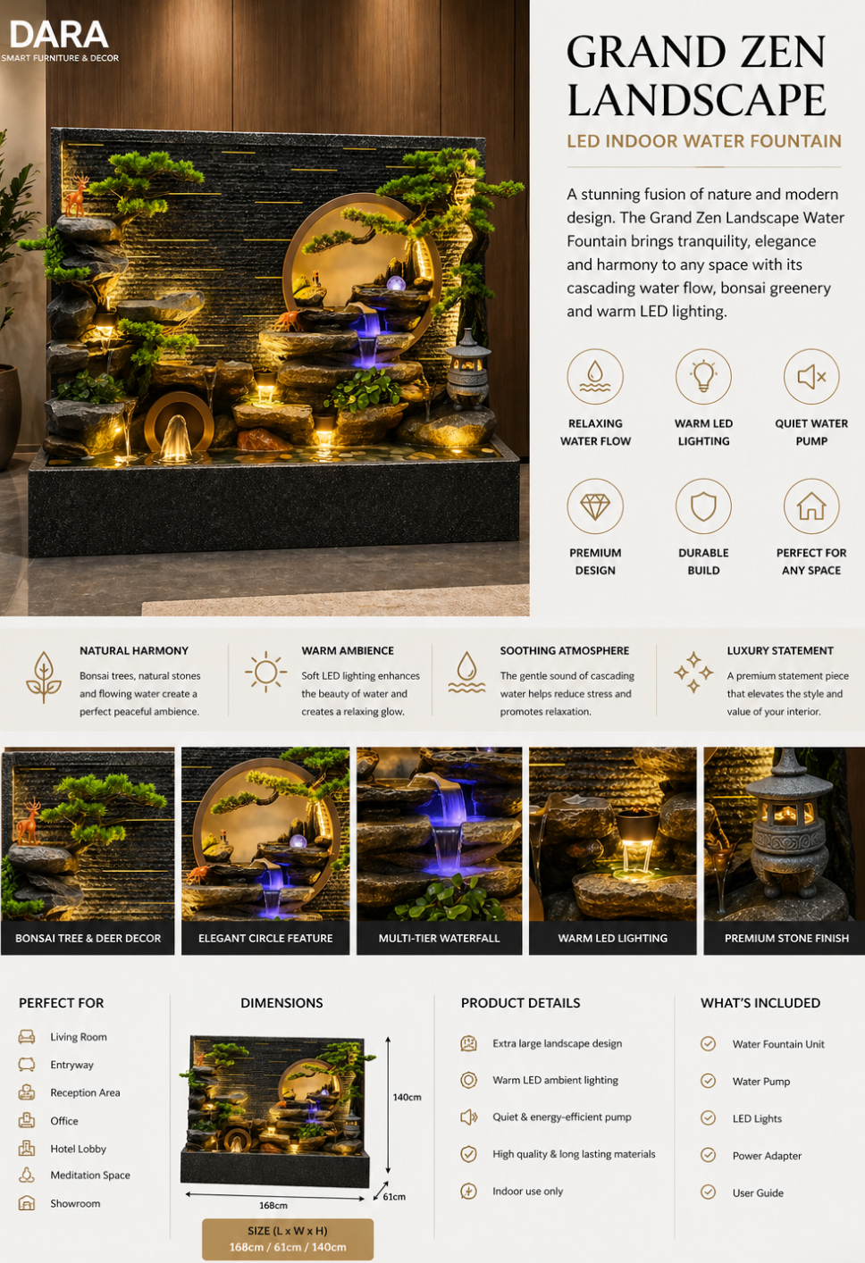 Grand Zen Landscape LED Water Fountain – Luxury Indoor Statement Feature