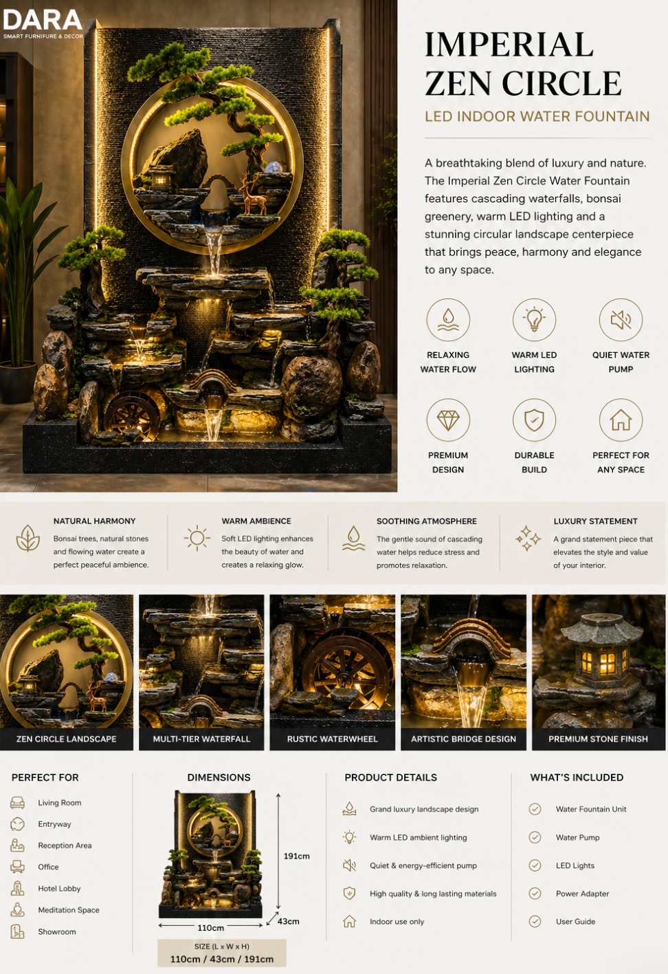 Imperial Zen Circle LED Water Fountain – Grand Luxury Indoor Feature