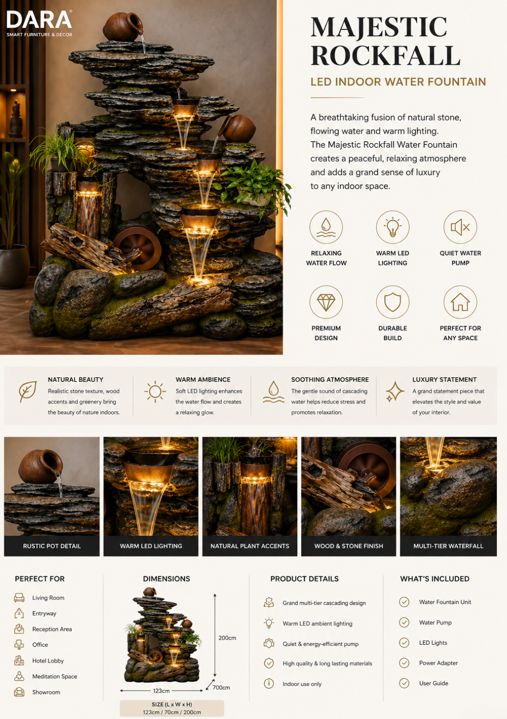Majestic Rockfall LED Water Fountain – Grand Indoor Luxury Feature