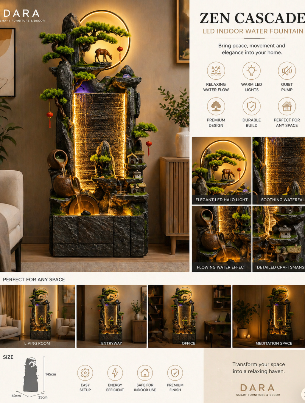 Zen Cascade LED Indoor Water Fountain – Luxury Floor Standing Feature 60/35/145cm