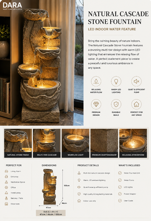 Cascade Stone LED Water Fountain – Indoor Decor Feature. 47/46/105cm