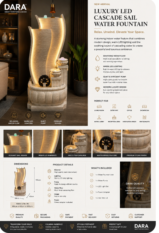 Luxury LED Cascade Sail Water Fountain – Indoor Statement Water Feature  66/42/195cm