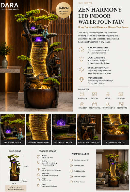 Zen Harmony LED Indoor Water Fountain – 168cm Statement Feature