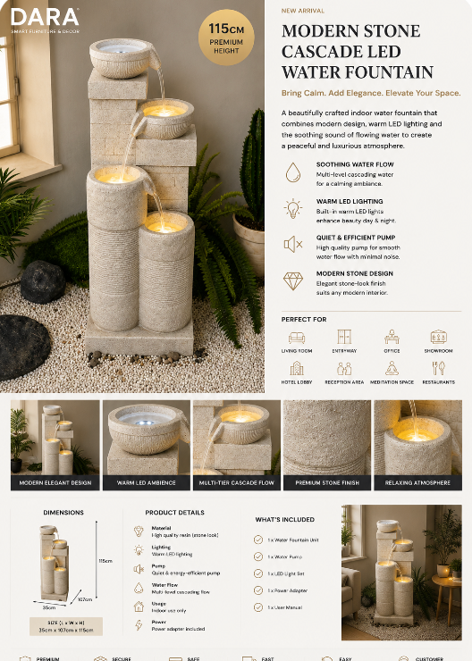 Modern Stone Cascade LED Indoor Water Fountain – 115cm