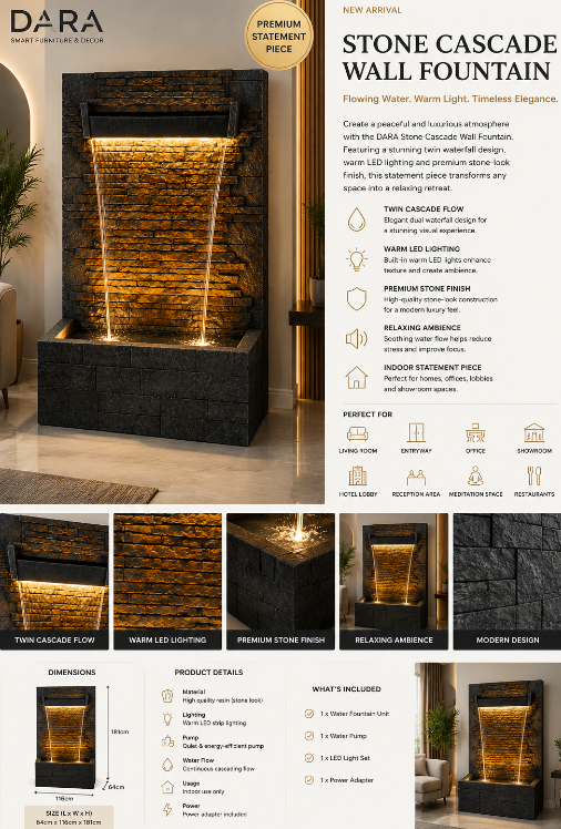 DARA Stone Cascade Wall Fountain  Size: 64 × 116 × 181 cm (L × W × H)