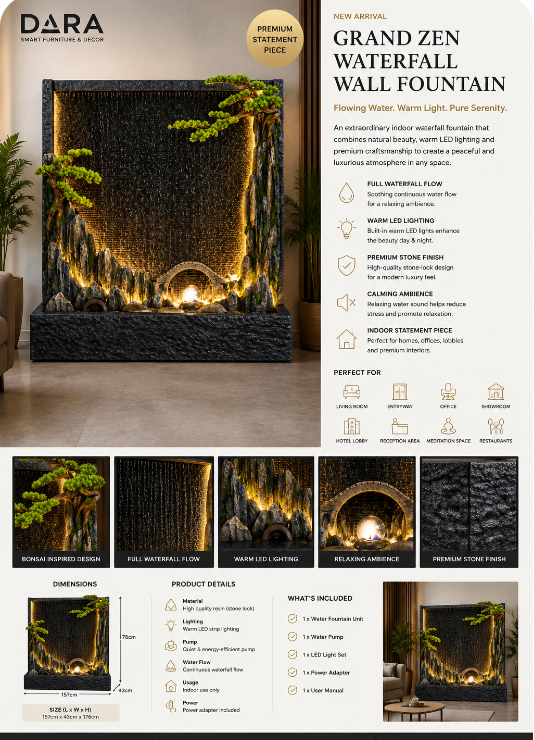DARA Grand Zen Waterfall Wall Fountain  Size: 157 × 43 × 176 cm (L × W × H)