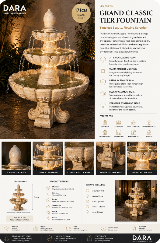 DARA Grand Classic Tier Fountain  Size: 120 × 120 × 171 cm (L × W × H)