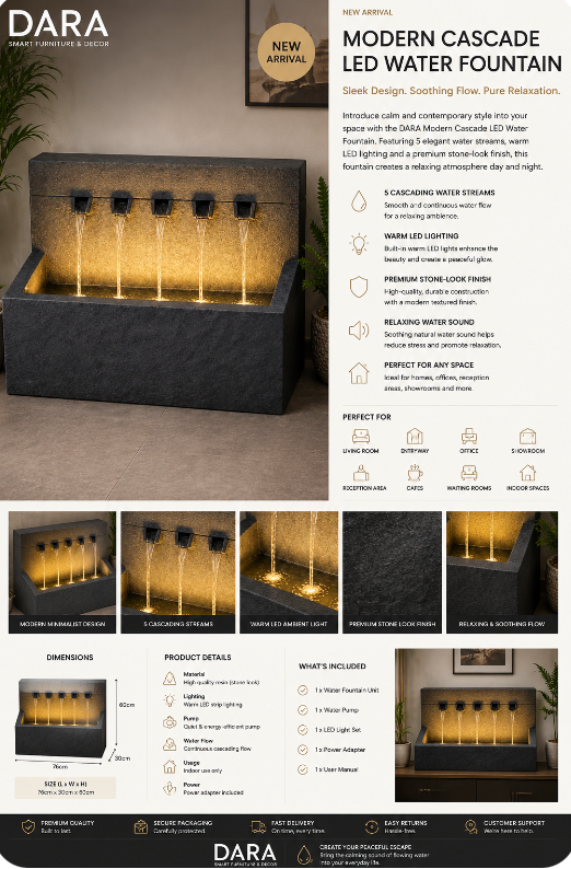 Modern Cascade LED Water Fountain – 76cm