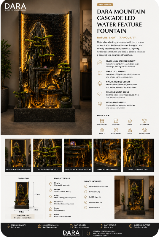 DARA Mountain Cascade LED Water Feature Fountain. ITEM NO: 8892