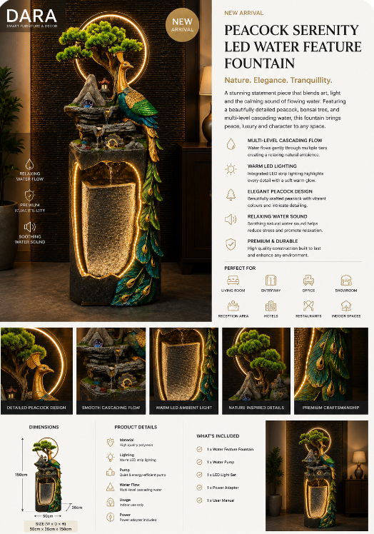 DARA Peacock Serenity LED Water Feature Fountain