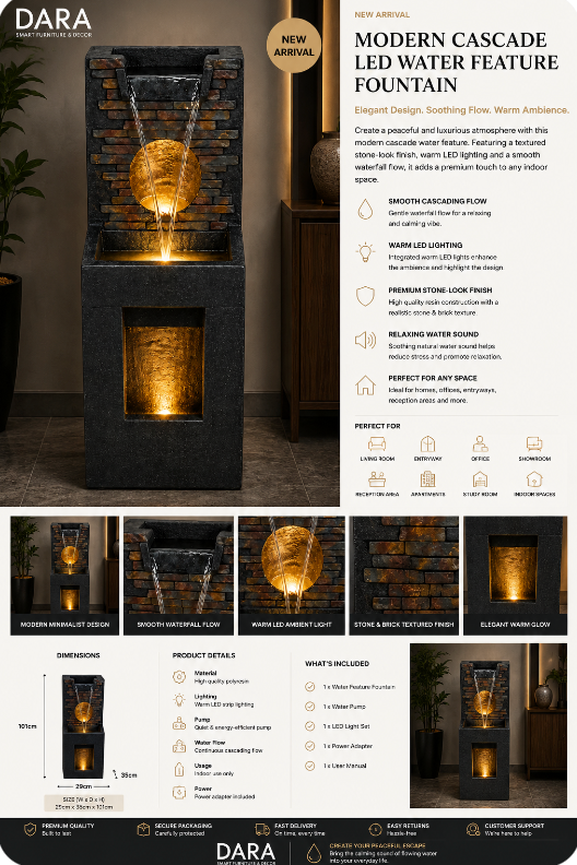 DARA Modern Cascade LED Water Feature Fountain