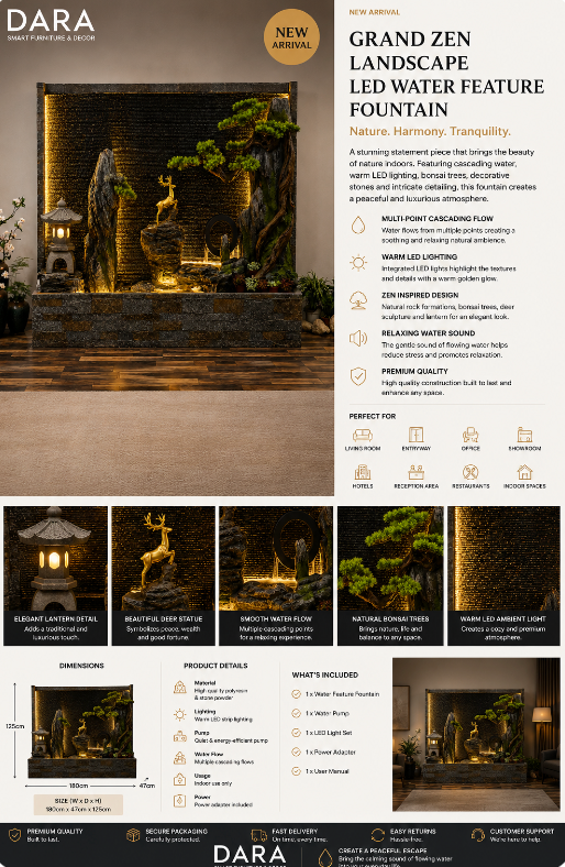 DARA Grand Zen Landscape LED Water Feature Fountain