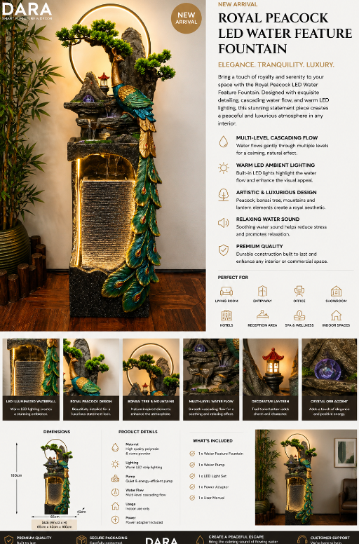 Royal Peacock LED Water Feature Fountain