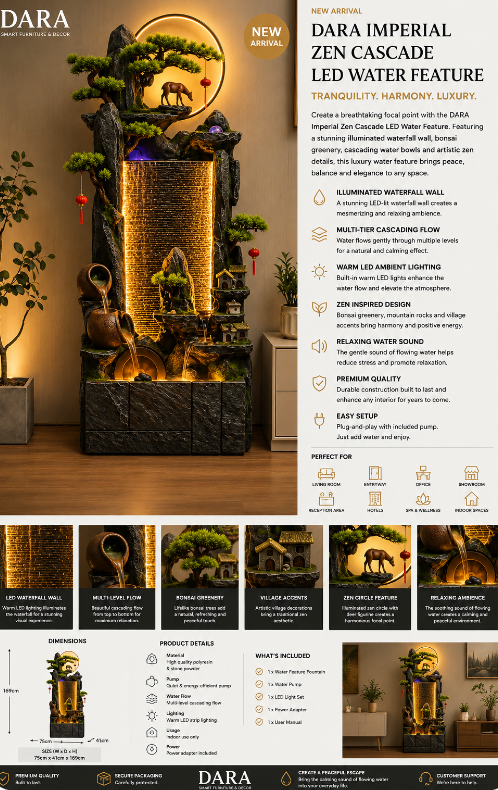 DARA Imperial Zen Cascade LED Water Feature  75cm (W) × 41cm (D) × 169cm (H)