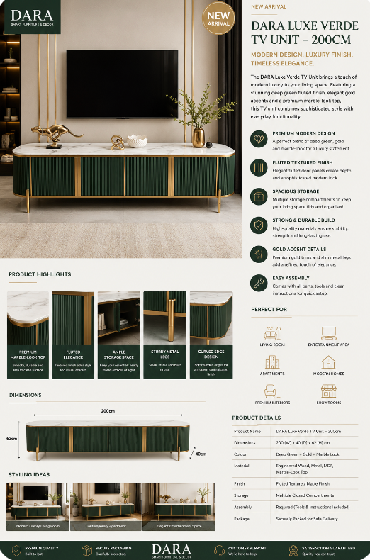 DARA Luxe Verde TV Unit – 200cm