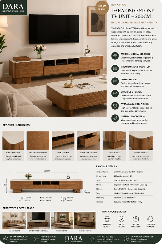 DARA Oslo Stone TV Unit – 200cm