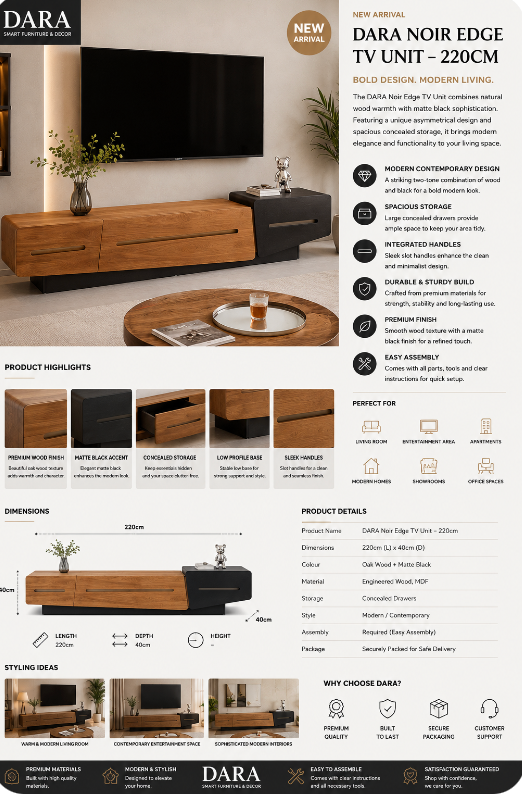 DARA Noir Edge TV Unit – 220cm