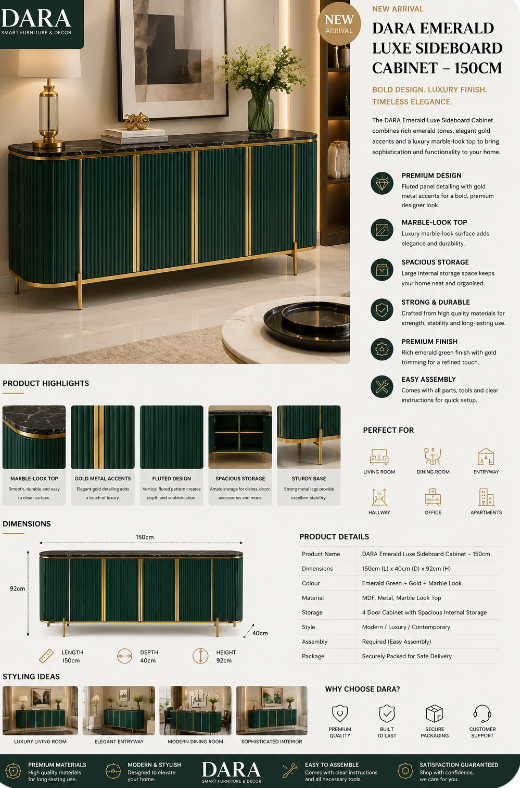 DARA Emerald Luxe Sideboard Cabinet – 150cm