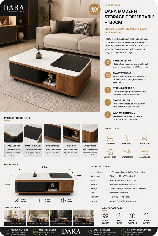DARA Modern Storage Coffee Table – 130cm
