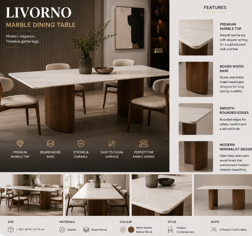 Livorno Marble Dining Table – 160cm
