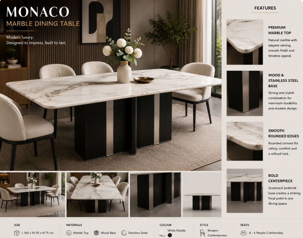 Monaco Marble Dining Table – 160cm