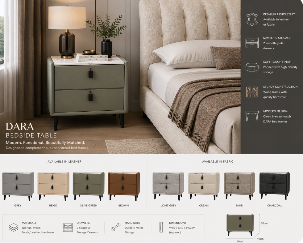 DARA Bedside Table – Modern Upholstered 2-Drawer Nightstand