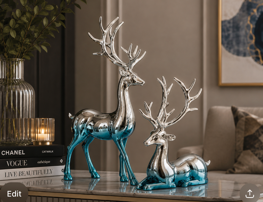 Silver & Blue Deer Resin Sculpture Set – 2 Piece Decorative Set. Item No: 2701s