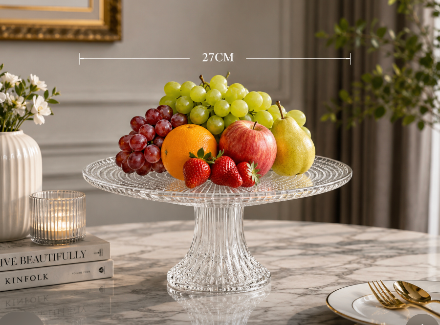 27cm Clear Glass Pedestal Fruit Plate – Textured Serving Stand