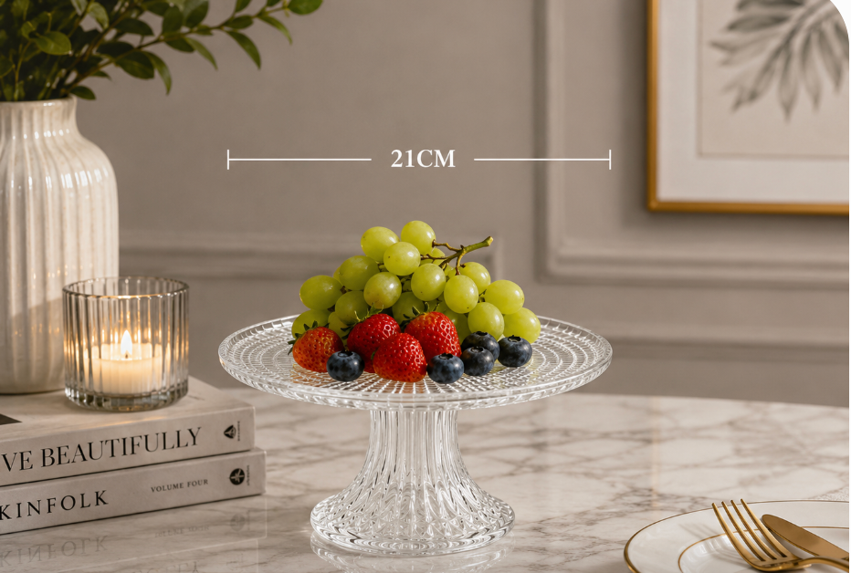 21cm Clear Glass Pedestal Fruit Plate – Textured Serving Stand