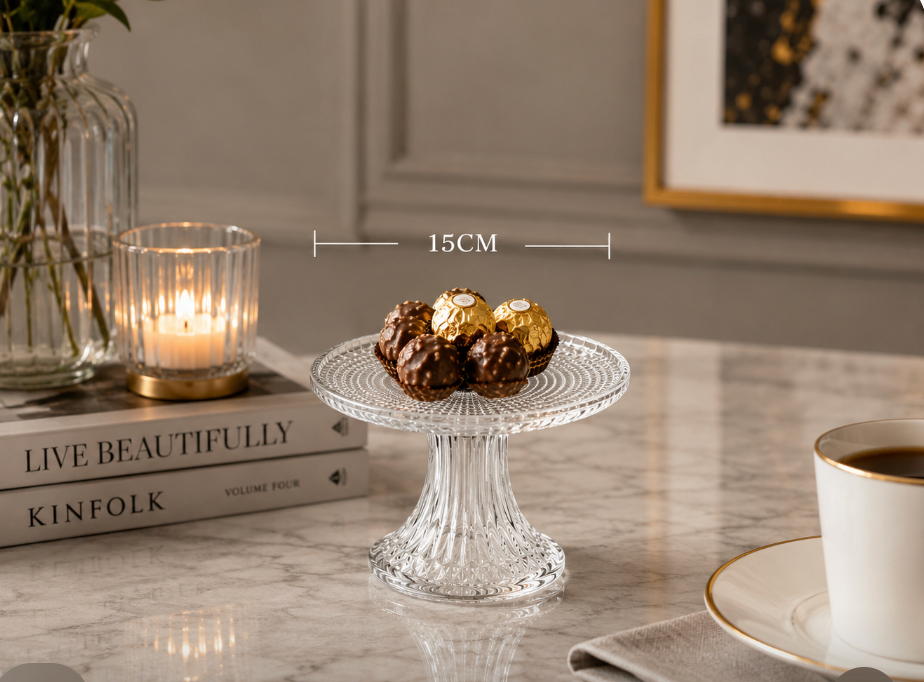 15cm Clear Glass Pedestal Fruit Plate – Textured Serving Stand
