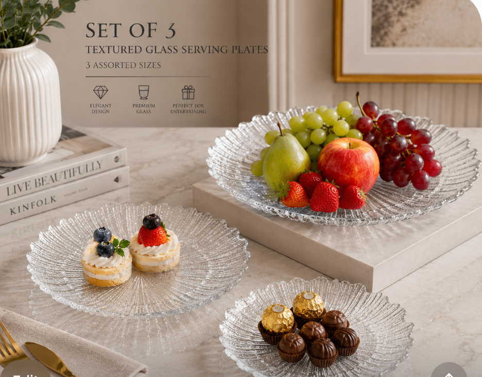 Textured Clear Glass Serving Plates – Set of 3