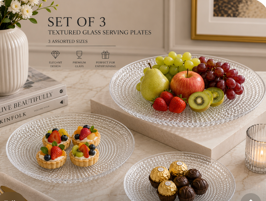 Diamond Textured Clear Glass Serving Plates – Set of 3