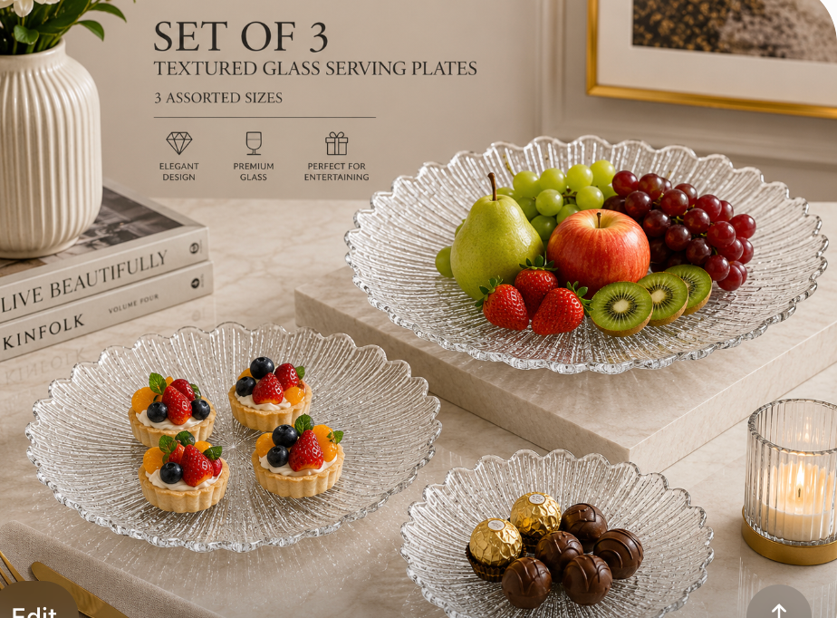 Scalloped Textured Clear Glass Serving Plates – Set of 3