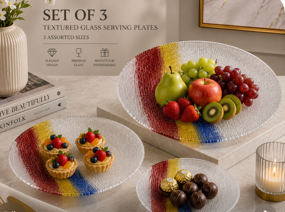 Multicolour Textured Glass Serving Plates – Set of 3