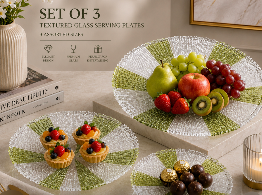 3-Piece Green & Clear Textured Glass Serving Plate Set
