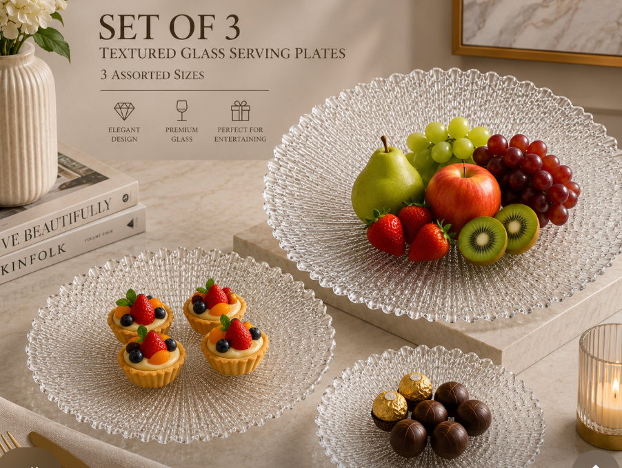 3-Piece Clear Textured Glass Serving Plate Set