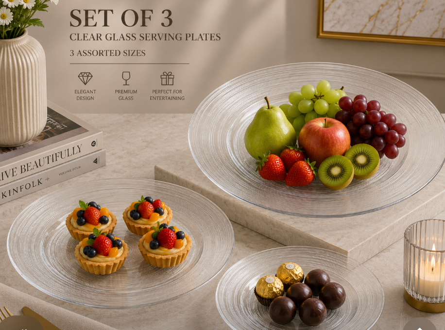 3-Piece Clear Round Glass Serving Plate Set