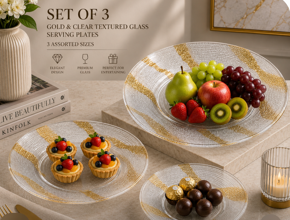 3-Piece Gold & Clear Textured Glass Serving Plate Set