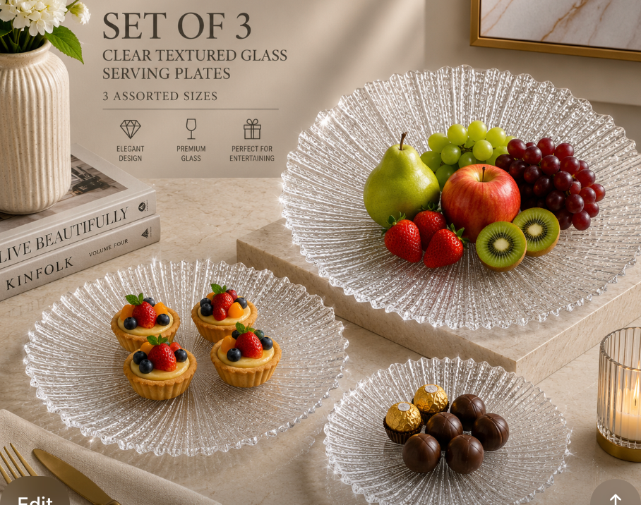 3-Piece Clear Textured Glass Serving Plate Set