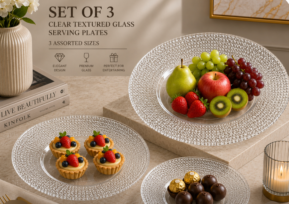 3-Piece Clear Bubble Textured Glass Serving Plate Set