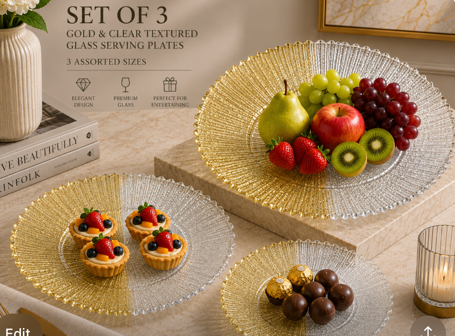 3-Piece Gold & Clear Textured Glass Serving Plate Set