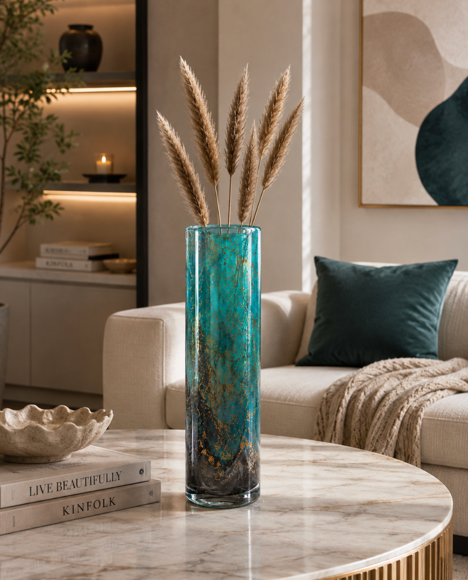 Luxury Teal & Gold Art Glass Cylinder Vase.   ITEM No: WS.26-154-s