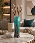 Luxury Teal & Gold Art Glass Cylinder Vase.   ITEM No: WS.26-154-s